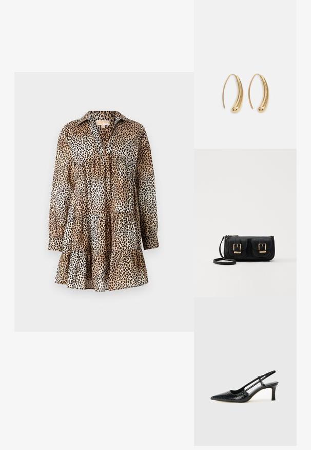 Vestido de leopardo hecho de una tela ligera. Cuenta con un cuello con solapas, mangas largas y un dobladillo de volantes en capas. Colores: beige, negro, marrón.; Tacón slingback negro de charol con punta afilada, que presenta un estampado de serpiente texturizado, correa ajustable y un tacón bloque corto y texturizado.; Bolso cruzado de cuero negro con dos bolsillos frontales, hebillas doradas, cierre de cremallera y una correa delgada. Superficie texturizada y forma rectangular compacta.; Pendientes de aro de metal en tono dorado con una forma curva y alargada. Presentan una superficie lisa y brillante y una punta redondeada para mayor detalle.