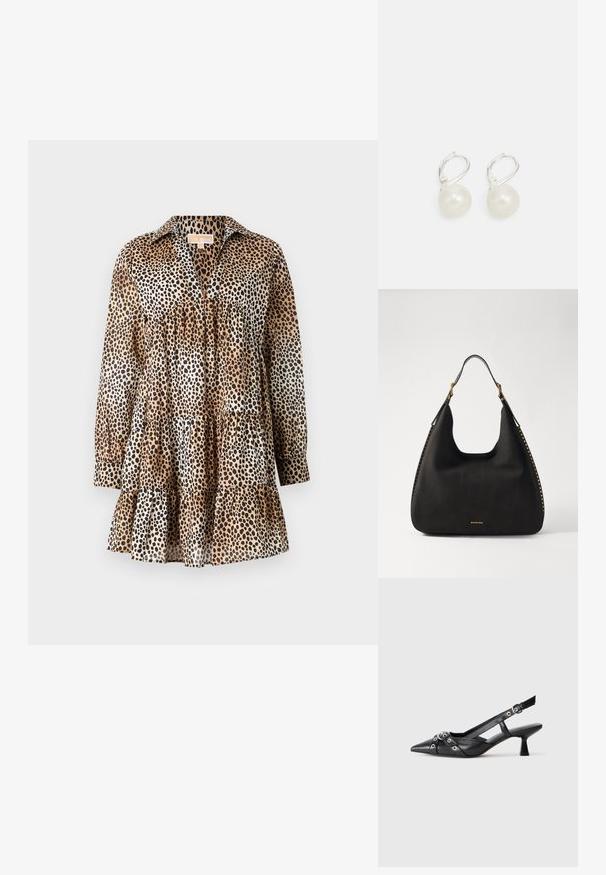 Leopardi-kuosiset mekko, joka on valmistettu kevyestä kankaasta. Ominaisuuksiin kuuluu kauluksellinen pääntie, pitkät hihat ja kerroksellinen röyhelöhelma. Värit: beige, musta, ruskea.; Mustat nahkakengät, joissa on avonainen takaosa ja kärjessä terävä muoto, koristevyöt, joissa on metalliset reiät, sekä matala lohkoepohja. Teksturoitu pinta.; MICHAEL Michael Kors NOLITA HOBO  - Käsilaukku - black; Korvakorut, joissa on helmi, kiillotettu pinta, hopeanväriset vipuvarret ja pyöreät valkoiset helmet. Yksinkertainen, klassinen muotoilu.