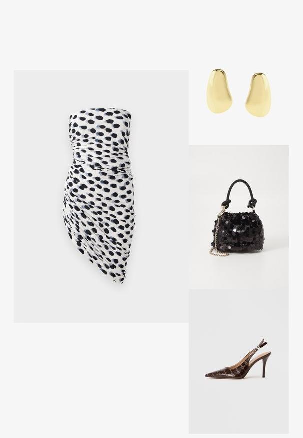 Olkaimeton mekko, jossa on valkoinen pohja mustilla ja tummansinisillä pilkku-kuvioilla, rypytetty muotoilu ja epäsymmetrinen helma, joka luo istuvan siluetin.; Ruskea krokotiilinpintainen nahkasandaali kapea korko ja terävä kärki, avoimet sivut. Varustettu solki-säätöjärjestelmällä.; Mustan paljetti-minilaukku, jossa on solmittu teksturoidu hihna ja hopeaketju. Pyöreä muoto, joissa on rypistetty yläosa ja heijastava yksityiskohta.; Epämuotoiset, sileät, kiiltävät kultaiset nappikorvakorut, joissa on epäsäännölliset pyöreät muodot valkoista taustaa vasten.