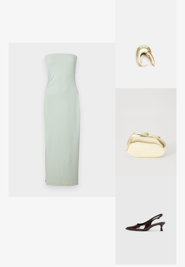 Rihmata, mündroheline midi kleit, mis on valmistatud siledast ja venivast kangast. Omab keha lähedast siluetti ja külgmist lõhet lisaliikumiseks.; Pruun patentnahast slingback tossud terava nina ja mõõduka kandega. Omab pandla rihma kindla istuvuse tagamiseks. Sile tekstuur.; Kuldne metallist käekott sujuva, ümarate kujude ning ülemise nupuvajutusega kinnitusega. Koti küljes on väike kett, et oleks mugav kanda.; Kuldtooni metallist kõrvarõngas, millel on elegantne ja kaarjas disain. Omab silmapaistvat teravat kuju, poleeritud pinda ja hingesulgemist.