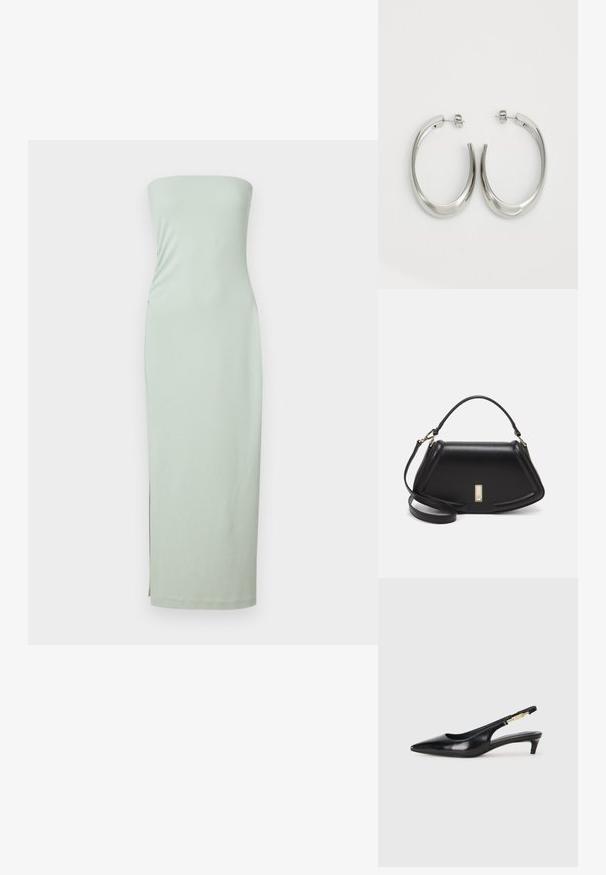 Midi-mekko ilman olkaimia, mintunvihreä ja valmistettu sileästä, joustavasta kankaasta. Ominaisuuksia ovat tiukka siluetti ja sivuaukko lisäämään liikkuvuutta.; Mustat nahkaiset slingback-korkokengät, joissa on terävä kärki, ohuet korot ja kultasävytteinen yksityiskohta säädettävässä hihnassa. Silkkinen pinta.; Mustalla nahkalaukulla, jossa on jämäkkä muotoilu, lyhyt malli, yläkahva ja kultaiset yksityiskohdat. Säädettävä olkahihna sisältyy.; Hope hopeista, joissa on sileä, kaareva muotoilu. Varustettu kiiltävällä metallipinnoitteella ja nappikiinnityksellä. Ei näkyviä kuvioita tai koristeluja.