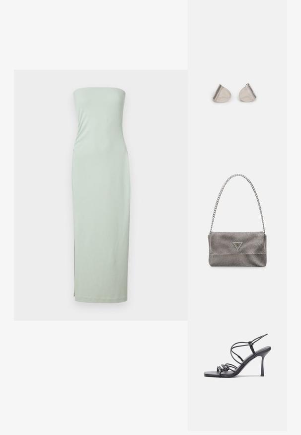 Halterska, mentolno zelena midi obleka iz gladkega, elastičnega materiala. Ima prilegajočo silhueto in stranski razporek za dodatno gibljivost.; Črne visoke sandale na peto imajo tanke naramnice z vozlom, gladek kvadratni toe in eleganten stiletto peto.; Svetlo siva kovinska torbica z verižnim ročajem, okrašena z majhnimi okroglimi kovinskimi bleščicami in trikotnim logotipom blagovne znamke.; Srebrne uhane z gladko, kapljično obliko in poliranim finishem. Nežna graviranja dodajajo detajle. Minimalističen dizajn.