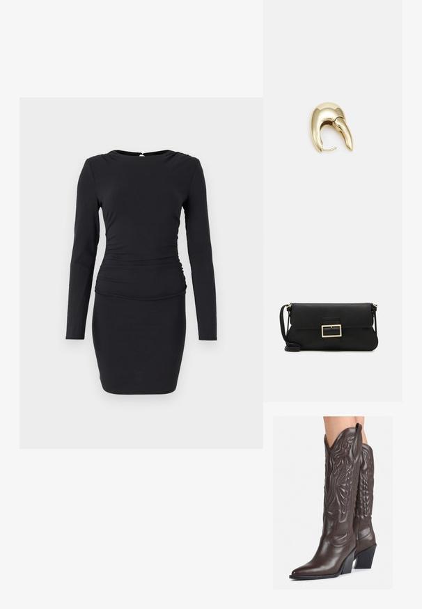 Rochie lungă, neagră, din material elastic, cu o siluetă ajustată, cu drapaje pe o parte și o mică deschidere la spate.; Bocanci de cowboy din piele maro, cu vârf ascuțit și toc pătrat, având cusături detaliate și accente ridicate pe tijă.; Geantă de mână din piele neagră, cu clapetă și un detaliu din metal auriu. Include o curea neagră și un design elegant, minimalist.; Cercei din metal de culoare aurie cu un design elegant și curbat. Prezintă o formă distinctivă, ascuțită, o suprafață lustruită și un sistem de închidere cu balama.
