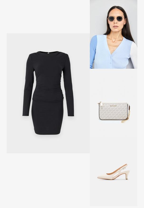 Černé dlouhé šaty s dlouhým rukávem vyrobené z elastického materiálu, s těsným siluetem, na boku s roushů a malým otevřením na zádech.; Bílé lodičky na podpatku s špicatou špičkou, hladkým svrškem, nízkým blokovým podpatkem a designem s bočním výřezem se stahovací sponou.; Kulaté sluneční brýle s tmavými čočkami a zlatými rámy. Modelka má na sobě světle modrý žebrovaný kardigan s knoflíky a kontrastními bílými rukávy.; Kabelka na zápěstí Michael Kors v béžové potažené plátno s opakujícím se vzorem loga MK, zlatými kovovými doplňky a odnímatelným řetízkovým popruhem.