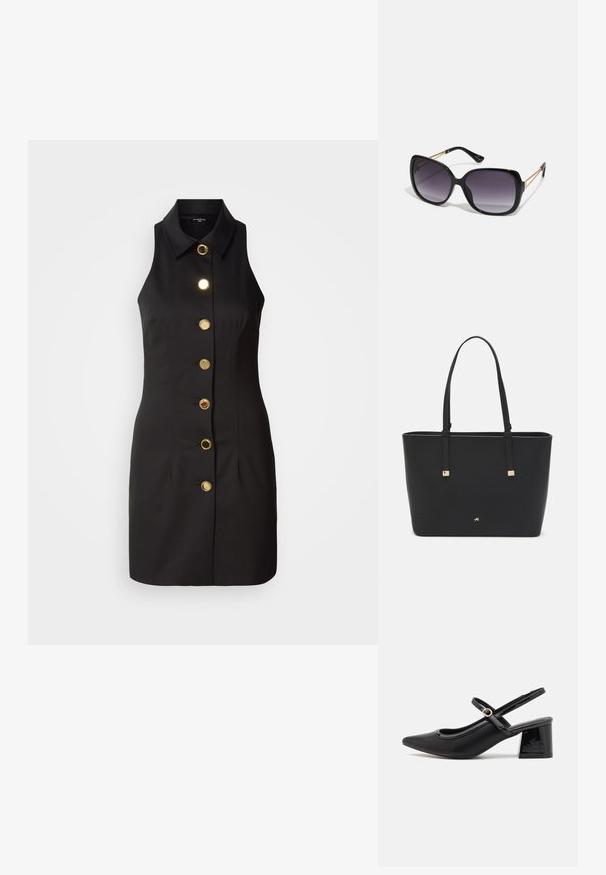 Μαύρο αμάνικο φόρεμα με κουμπιά μπροστά, διαθέτει μεγάλα χρυσά κουμπιά και κλασικό γιακά, φτιαγμένο από απαλή ύφανση.; Μαύρα παπούτσια γοβάκια από πατενταρισμένο δέρμα με γωνιαστό μπροστινό μέρος, στρογγυλή κοπή και τετράγωνο τακούνι. Διαθέτουν μια χρυσή αγκράφα ως διακοσμητικό στοιχείο.; Μαύρα υπερμεγέθη γυαλιά ηλίου με κλειστή βαθμίδα φακού, παχιά σκελέτη και λεπτομέρειες από χρυσή αλυσίδα στις βραχίονες του σκελετού.; Μαύρη τσάντα ώμου από συνθετικό υλικό, με απλό ορθογώνιο σχέδιο, χρυσές τετράγωνες λεπτομέρειες και διπλές λαβές.