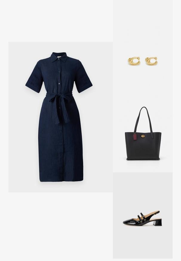 Dress in lino blu navy con bottoni, maniche corte, vita con cintura e taglio dritto. Presenta un colletto classico e cinque bottoni frontali.; Scarpa slingback in pelle lucida nera con punta affusolata, dettagli a due cinturini, accenti circolari dorati e tacco a blocco basso.; Borsa a tracolla nera in pelle con due manici lunghi, finitura testurizzata, accessori in oro e un'etichetta bordeaux. Design spazioso con apertura superiore.; Orecchini in metallo dorato con un design liscio e curvato che presenta una caratteristica forma a 'C'. Di dimensioni ridotte, con una finitura lucida e chiusura a clip per un indossamento sicuro.