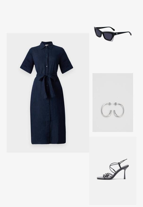 Tumši zila lina kleita ar īsām piedurknēm, jostu viduklī un taisnu griezumu. Satur klasisku apkakli un piecus priekšējos pogas.; Melnas augstpapēžu sandales ar plāniem siksniņām un mezgla dizainu, gluda kvadrātveida purngalu un elegantu stiletto papēdi.; Melni pārmēru saulesbrilles ar ģeometrisku formu, kas aprīkotas ar tumšiem stikliem un kontrastējošu pelēku akcentu uz rāmja. Logo uz kājas.; Sudraba riņķveida auskari ar gludu, spīdīgu apdari. Apaļas formas, viegla dizaina, ar aizdari uz stieples.