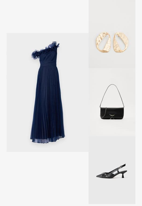 Marchesa Notte Apģērbs svinīgiem gadījumiem - navy; Melnas ādas šlipsveida kurpes ar norādītu purngalu, dekoratīvām joslām ar metāla acīm un zemu bloku papēdi. Teksturēta virsma.; Melnas ādas rokassomā ar sudraba ķēdes siksnu, kurai ir dekoratīvi spārnu akcenti un baltā šuvēšana apakšējā šuvē.; Pāris neregulāras ovālas formas zelta toņos metāla auskaru ar teksturētu, nedaudz sitētu virsmu uz baltas fona.