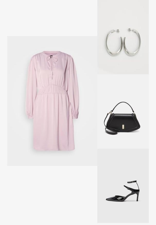 Pink long-sleeve dress with a round neck, drawstring closure, gathered waist, and smooth fabric. Features puffed sleeves and a relaxed fit.; Black patent leather heels with a pointed toe, adjustable ankle straps, and a slender heel. Smooth texture with a shiny finish.; Black leather handbag with a structured design, featuring a cropped shape, top handle, and gold hardware accent. Adjustable shoulder strap included.; Silver hoop earrings with a smooth, curved design. Features a shiny metallic finish and stud closure. No visible patterns or accents.