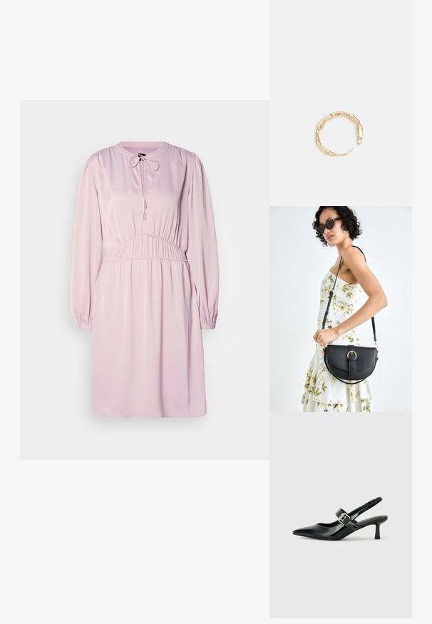 Roosa pikkade varrukatega kleit ümmarguse kaelusega, nöörimise sulgemisega, volangvööga ja siledast kangast. Omab puhvärvusi ning lahedat lõiget.; Mustad patenteeritud nahast sildiga kontsad, millel on terav nina ja väike plokk-konts, mille rihmal on hõbedane pandla aksessuaar.; Mustmust mustraha kõverate joontega, eemaldatava rihmaga ja kuldsete detailidega. Kotil on klapp, millel on pandladetail.; Kuldtoonis sõrmus, millel on orgaaniline, keerdunud disain sileda tekstuuri ja kitsenevate otstega, luues kaasaegse skulptuurilise välimuse.