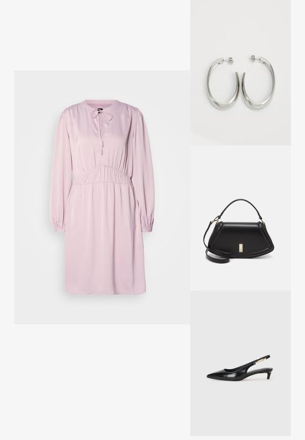 Ružičasta haljina dugih rukava s okruglim izrezom, zatvaranjem na vezanje, naboranim strukom i glatkim materijalom. Ima napuhane rukave i opušteni kroj.; Crne kožne sandale s petom, s izduženim vrhom, imaju usku petu i zlatni akcent na podesivoj traci. Glatka tekstura.; Crna kožna torba s strukturiranim dizajnom, s krojenim oblikom, gornjom drškom i zlatnim detaljima. Uključena je podesiva ramena traka.; Srebrne kružne naušnice s glatkim, zakrivljenim dizajnom. Imaju sjajnu metalnu završnu obradu i kopču na tipku. Nema vidljivih uzoraka ili ukrasa.