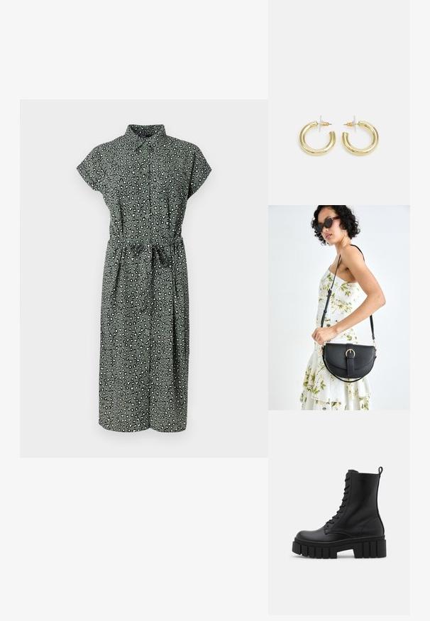 Žalia marškinėlių suknelė su leopardo raštu, trumpomis rankovėmis, juosmens kaklaraiščiu ir iki kelių ilgiu. Pagaminta iš lengvos medžiagos su švelnia tekstūra.; Juodos odinės kulkšnės botai su masyviu, dantytu padu, raištelių užsegimu priekyje ir kilpeliu ant sklandaus balto fono.; Juodas odinis krepšys su išlenkta forma, nuimamu dirželiu ir auksiniais detalėmis. Krepšys turi kilpą su sagtimi.; Aukso auskarai su lygiu, blizgiu paviršiumi. Apvalus dizainas su maža užrakto dalimi ir skaidria atrama saugiam nešiojimui.