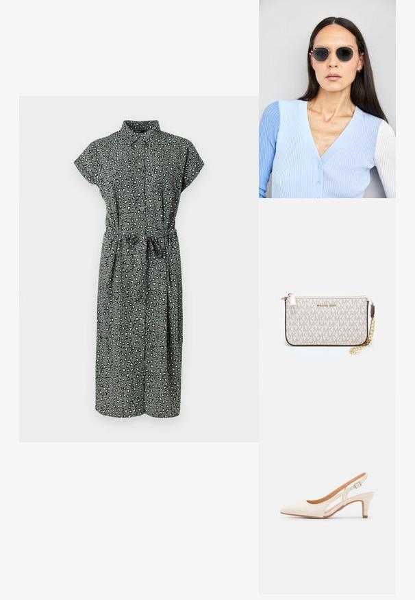 Rochie verde cămașă cu imprimeu leopard, mâneci scurte, panglică la talie și hem de lungime până la genunchi. Fabricată dintr-un material ușor, cu o textură moale.; Sandaie cu toc alb, cu vârful ascuțit, material superior neted, toc mic tip bloc și design cu decupaj lateral, cu curea ajustabilă.; Ochelari de soare rotunzi cu lentile întunecate și rame aurii. Modelul poartă un cardigan ribbed de culoare albastru deschis cu nasturi și mâneci albe în contrast.; Clutch Michael Kors din canva acoperit bej, cu un model repetitiv al logo-ului MK, accesorii din aur și o curea cu lanț detașabil.