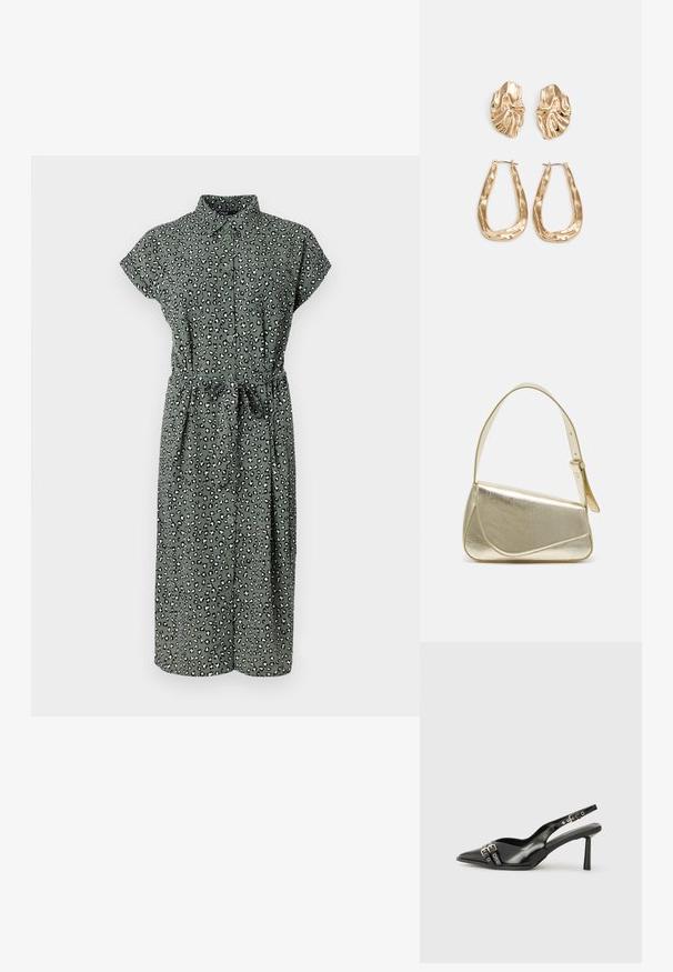 Zöld gombos ruha leopárdmintával, rövid ujjal, derékmegkötővel és térdhosszú szélességgel. Könnyű anyagból készült, puha tapintású.; Fekete lakk bőr, hegyes orrú slingback cipő, boka pántokkal, ezüst csatokkal és hardverelemekkel, valamint karcsú sarkú.; Arany fémes kézi táska, strukturált dizájnnal, sima felülettel és állítható pánttal. Egyedi háromszög alakú, minimalistának mondható varrásokkal rendelkezik.; Aranyszínű fülbevalók, texturált, hullámos formákkal. Tartalmazza a szobrászati klipszes studokat és az open hoop kialakítást, kalapácsos felülettel.