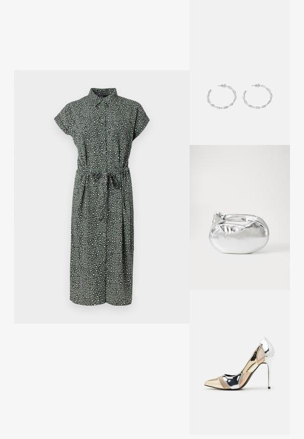 Vestido verde de botones con estampado de leopardo, de manga corta, con cinturón en la cintura y largo hasta la rodilla. Hecho de una tela ligera con una textura suave.; Zapato de tacón alto con punta afilada en una combinación de colores plateado, dorado y nude. Acabado brillante con diseño recortado, que presenta un tacón de aguja.; Bolsa de pouch metálica plateada con una forma suave y redondeada y un cierre en la parte superior con un nudo. Hecha de un material de imitación de cuero suave.; Pendientes de aro de plata con diseño retorcido, que presentan un acabado pulido y cierre de presión. Miden aproximadamente 3 cm de diámetro.