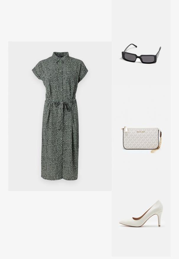 Zöld gombos ruha leopárdmintával, rövid ujjal, derékmegkötővel és térdhosszú szélességgel. Könnyű anyagból készült, puha tapintású.; Fehér lakkbőr magassarkú cipő hegyes orral és sima felülettel, karcsú sarka van, és alacsony kivágás található a nyílás körül.; Fekete napszemüveg téglalap alakú kerettel, sötét lencsékkel és sima, fényes felülettel. Vékony szárakkal rendelkezik, az oldalán diszkrét márkajelzéssel.; Michael Kors bézs bevonatos vászon karkötő, amely ismétlődő MK logó mintával, aranyszínű fémrészletekkel és levehető lánchordóval rendelkezik.