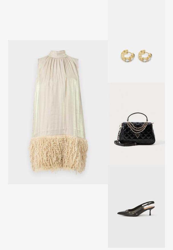 Vestido sem mangas com um decote alto. Tecido bege claro na parte superior, com textura brilhante. A bainha inferior apresenta uma franja fofa de cor creme.; Sapato de salto tipo slingback em couro preto com bico pontiagudo, salto pequeno e detalhes metálicos decorativos ao longo da abertura frontal. Textura suave.; Bolsa em pele acolchoada preta com forma estruturada, detalhes em corrente dourada, alça superior e uma placa com o logótipo. Inclui uma alça de ombro destacável.; Brincos de argola dourados com um design texturizado e três cristais transparentes em um lado, oferecendo uma estética geométrica moderna.