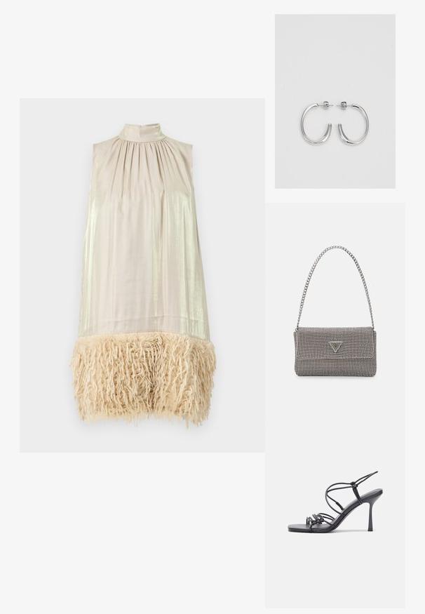 Tanekasärk ilma varrukateta ja kõrge kaelusega. Ülaosa on heleda beeži kangaga, millel on läikiv tekstuur. Alumine äär on kaunistatud koheva kreemika äärisega.; Mustad musta värvi kontsandaalid on varustatud peente rihmadega, millel on sõlmekujundus, siledad ruudukujulised varbad ja stiilne stilettokonts.; Helehall metallik handbags, millel on kett, kaunistatud väikeste ümmarguste metallist õmblustega ja kolmnurkse brändi logoga.; Hõbedased rõngaskõrvarõngad, millel on sile ja läikiv pind. Ümar kuju, kerge disain, millel on post-tagumise kinnituse süsteem.