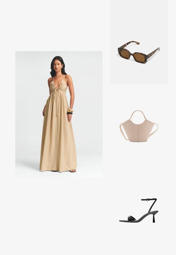 Maxi sukienka w beżowym kolorze, z głębokim dekoltem w kształcie litery V, marszczoną górą z troczkiem i zwiewnym materiałem. Gładka faktura i minimalne detale.; Bershka - Sandały na obcasie; Okulary przeciwsłoneczne w kratkę z zaokrągloną, grubą oprawą i brązowymi soczewkami. Posiadają subtelne wzory oraz proste, zwężane zauszniki.; Beżowa skórzana torebka o unikalnym kształcie, z dwoma krótkimi uchwytami i długim, regulowanym paskiem. Gładka tekstura z minimalną ilością elementów metalowych.