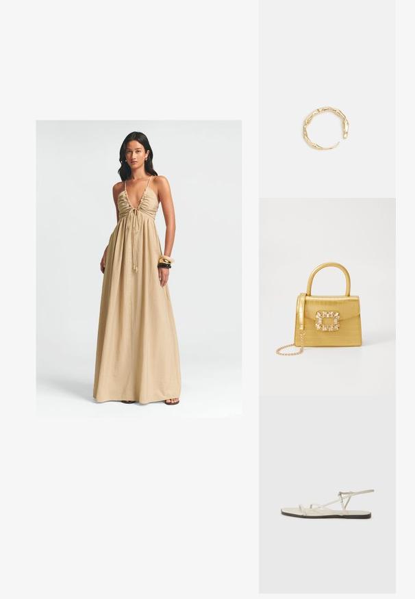 Maxikleid in Beige, mit tiefem V-Ausschnitt, gerafftem Oberteil mit Kordelzug und fließendem Stoff. Glatte Textur und minimale Details.; Beige flache Sandale mit mehreren schlanken Riemen und einer verstellbaren Schnalle. Die Sohle ist flach und hat einen leichten dunklen Kontrast am Rand.; Gelbe Kunstleder-Handtasche im Krokodil-Look mit strukturiertem Design, Obergriff, abnehmbarem Kettenriemen und dekorativer Kristallverzierung am Verschluss.; Goldfarbener Ring mit einem organischen, gedrehten Design, glatter Oberfläche und sich verjüngenden Enden, was ein modernes, skulpturales Erscheinungsbild erzeugt.