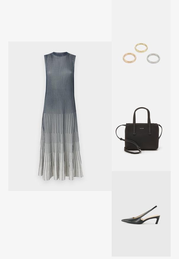Šaty bez rukávov s okrúhlym výstrihom; majú vertikálne modré a biele pruhy; texturovaná tkanina s voľným A-liniovým strihom.; Čierne slingback topánky s ostrou špičkou a nízkym opätkom, vyrobené z hladkej kože a s výrezmi na boku pre lepšiu priedušnosť.; Čierna kabelka s dvojitými krátkymi rúčkami a odnímateľným ramenným popruhom. Hladký materiál podobný koži s uzatváraním na zips a detailom loga.; Triumf kovových prsteňov: jeden v ružovom zlate, jeden zlatý s textúrovanými akcentmi a jeden strieborný, všetky s gravírovaným logom na vnútornej strane.