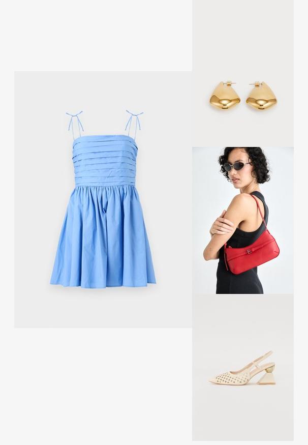 Hellblaues Kleid mit dünnen, verstellbaren Trägern. Es hat ein plissiertes Oberteil und einen gerafften Rock, gefertigt aus einem glatten, weichen Stoff.; Beige Slingback-Schuh mit Perforierung im Obermaterial, spitzer Zehenpartie und einem kontrastierenden dreieckigen Absatz mit einem goldenen Akzent. Insgesamt glatte Textur.; Rote Ledertasche mit glatter Textur, geschwungenem Design und dekorativem Schnallenakzent. Verstellbarer Schulterriemen und Reißverschlussverschluss.; Goldfarbene Metallohrringe in einer glatten, abgerundeten dreieckigen Form mit Steckverschluss; reflektierende Oberfläche mit minimaler Detailarbeit.