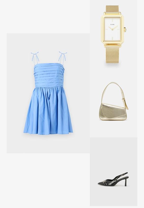 Svetlomodré šaty s tenkými, nastaviteľnými ramienkami. Obsahujú plisovaný korzet a nariasenú sukňu, vyrobené z hladkej, jemnej textílie.; Čierne lakované kožené slingback topánky s špicatou špičkou, remienkami okolo členku s striebornými prackami a hardvérom, a štíhlým podpätkom.; Zlatá metalická kabelka so štruktúrovaným dizajnom, hladkou textúrou a nastaviteľným popruhom. Obsahuje jedinečný trojuholníkový tvar a minimalistické šitie.; Zlaté obdĺžnikové hodinky s bielym ciferníkom, minimalistické hodinové značky a kovový sieťovaný remienok. Obsahuje bočný korunku na nastavenie času.