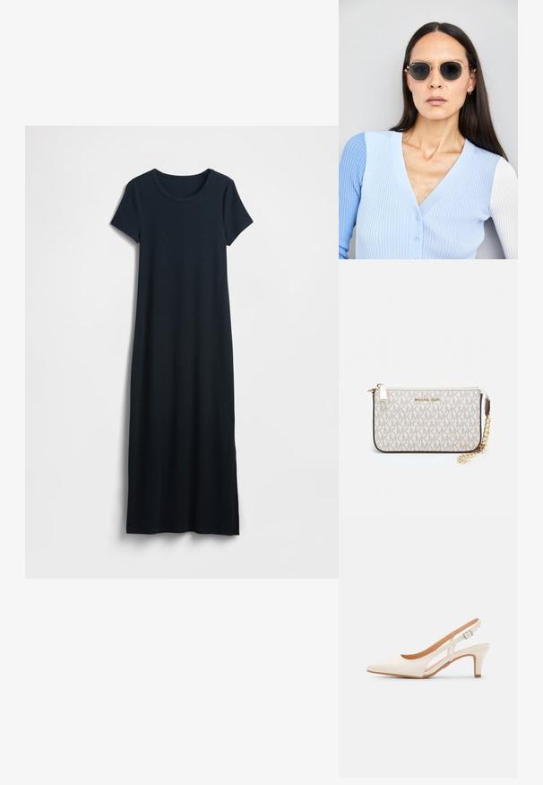 Navy blue, knee-length dress made of soft jersey fabric. Features a round neckline and short sleeves, with a simple, straight silhouette.; White slingback heel with a pointed toe, smooth upper material, low block heel, and side cut-out design with adjustable buckle strap.; Round sunglasses with dark lenses and gold frames. The model wears a light blue, ribbed cardigan with buttons and contrast white sleeves.; Michael Kors wristlet in beige coated canvas featuring a repeating MK logo pattern, gold hardware, and a detachable chain strap.