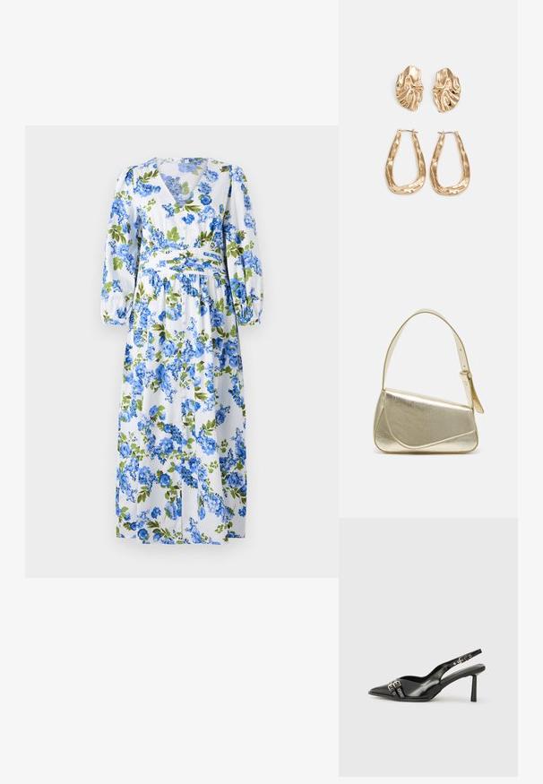 Kvetinové maxi šaty s bielym pozadím a modrými a zelenými vzormi kvetov, s V- výstrihom, dlhými puff rukávmi a zúženým pásom.; Čierne lakované kožené slingback topánky s špicatou špičkou, remienkami okolo členku s striebornými prackami a hardvérom, a štíhlým podpätkom.; Zlatá metalická kabelka so štruktúrovaným dizajnom, hladkou textúrou a nastaviteľným popruhom. Obsahuje jedinečný trojuholníkový tvar a minimalistické šitie.; Náušnice v zlatej farbe s textúrovanými, vlnitými tvarmi. Obsahujú sochárske klipsové náušnice a otvorený tvar krúžku s kladivkovým povrchom.