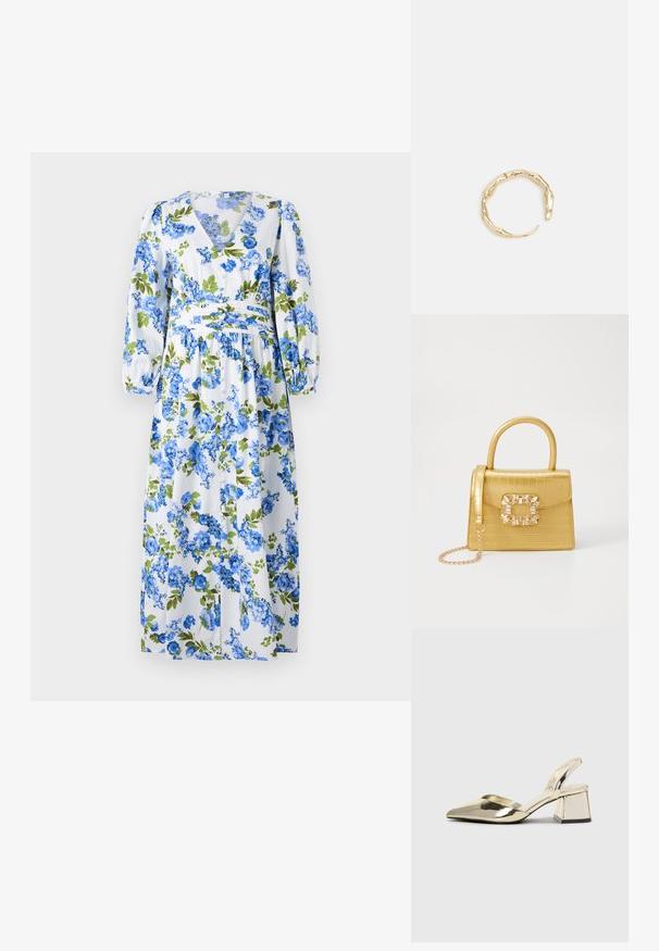 Cvetna maksi obleka z belo podlago in modrimi ter zelenimi cvetličnimi vzorci, z V-izrezom, dolgimi napihnjenimi rokavi in cinčanim pasom.; Zlati, kovinski slingback čeveljci z ostrim nosom in masivnim peto. Gladka tekstura, minimalistična zasnova in ozka zanka.; Rumeno usnjeno-usnje z vzorcem krokodila, s strukturiranim dizajnom, zgornjo ročajem, snemljivo verižico in dekorativnim kristalnim okrasjem na zaponki.; Zlati prstan s organskim, zvitim dizajnom, gladko površino in taperiranimi konci, ki ustvarja modernega, skulpturalnega videza.