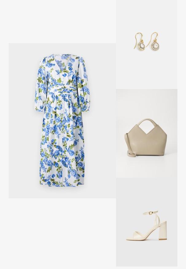 Blommig maxiklänning med vit bakgrund och blåa och gröna blommönster, V-ringning, långa puffärmar och en cinchad midja.; Krämfärgade klacksandaler med öppen tå, tjock blockklack, smal ankelrem och diskret glansig finish. Spänne som accent på remmen.; Beige strukturerad handväska med V-formad topp, slät lädermaterial, korta handtag och en lång justerbar rem. Minimalistisk design.; Guldtonade örhängen med ovalformade klara kristaller omgivna av mindre klara stenar, med en krokdesign för säker användning.