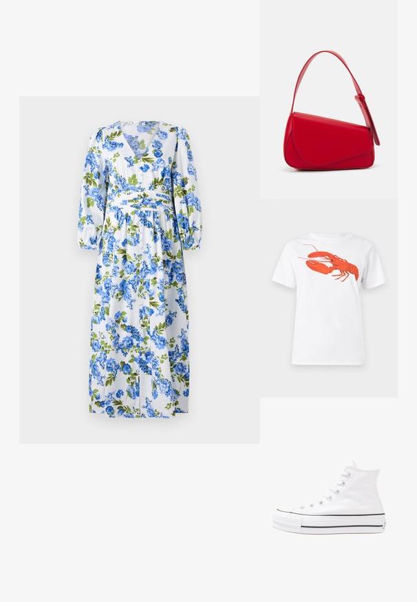 Ziedu maxi kleita ar baltu fona, zilām un zaļām ziedu rakstiem, V veida dekoltē, garām puff piedurknēm un pieguļošu vidukli.; Balta kokvilnas T-krekls ar lielu, spilgti sarkanu omāru grafiku uz priekšu. Īsas piedurknes un standarta apļveida kakla dizains.; Balti augstie kanvas sporta apavi ar melnu gumijas zoli, priekšējo gumijas purngalu un sešām acīm lencēm, kuriem ir tīrs, minimālistisks dizains.; Sarkans ādas rokassomi ar stūrainu, ģeometrisku dizainu. Iekļauj vienu regulējamu siksnu un vāku ar izšūtu detaļu.