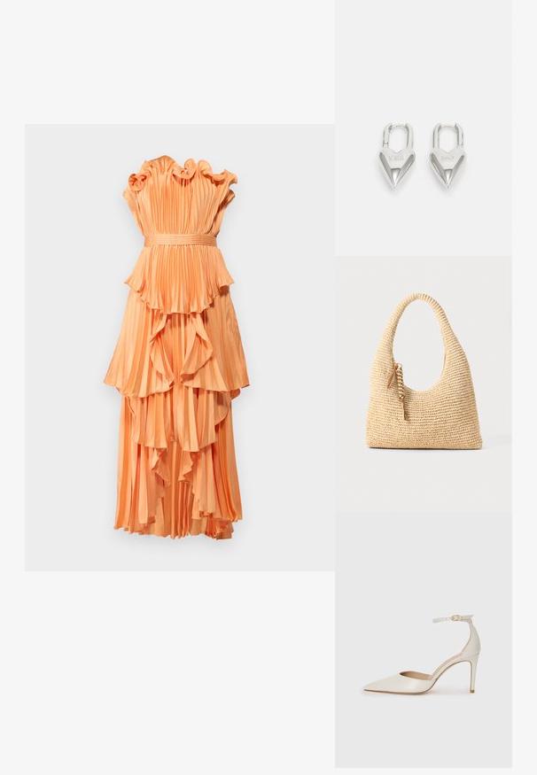 AMUR JANEY TIERED SHELL DRESS - Roupa de cerimónia - sweet peach; Sapato de salto alto em pele branca com biqueira pontiaguda, faixa no tornozelo e um salto fino de stiletto. Textura suave com um leve acabamento brilhante.; Bolsa bege trançada com uma alça curva, superfície texturizada e detalhe de franjas castanhas. Apresenta um formato descontraído e estilo hobo.; Cadeados em forma de coração prateados com inscrições gravadas "SIM" e "NÃO", acabamento polido, design simétrico e um fecho de metal robusto.
