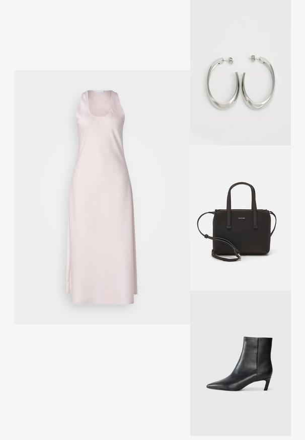 Robe en satin rose clair avec un design sans manches, décolleté carré et une silhouette fluide qui atteint les chevilles. Texture lisse.; Bottine en cuir noir à bout pointu et à petit talon aiguille sur un fond clair.; Sac à main noir avec deux poignées courtes et une bandoulière amovible. Matière lisse semblable à du cuir avec une fermeture éclair et un détail de logo.; Boucles d'oreilles en argent avec un design lisse et courbé. Présentent une finition métallique brillante et une fermeture à clou. Pas de motifs ou d'accents visibles.