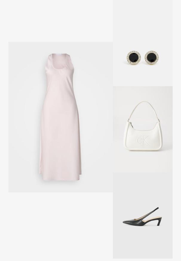 Heled roosa satiinkleit, millel on ilma varrukateta disain, ruudukujuline kaelus ja voolav siluett, mis ulatub pahkluuni. Sile tekstuur.; Must mustaga, terav varvas, madala kontsaga sildiga king, mis on valmistatud siledast nahast ja mille küljel on lõike disain hingavuse tagamiseks.; Valge nahast käekott, millel on kumer kuju, esiküljel on reljeefne "CK" logo ja üks õlavarre rihm. Ülemine tõmblukkuu.; DKNY INLAY STUD - Kõrvarõngad - black/gold-coloured