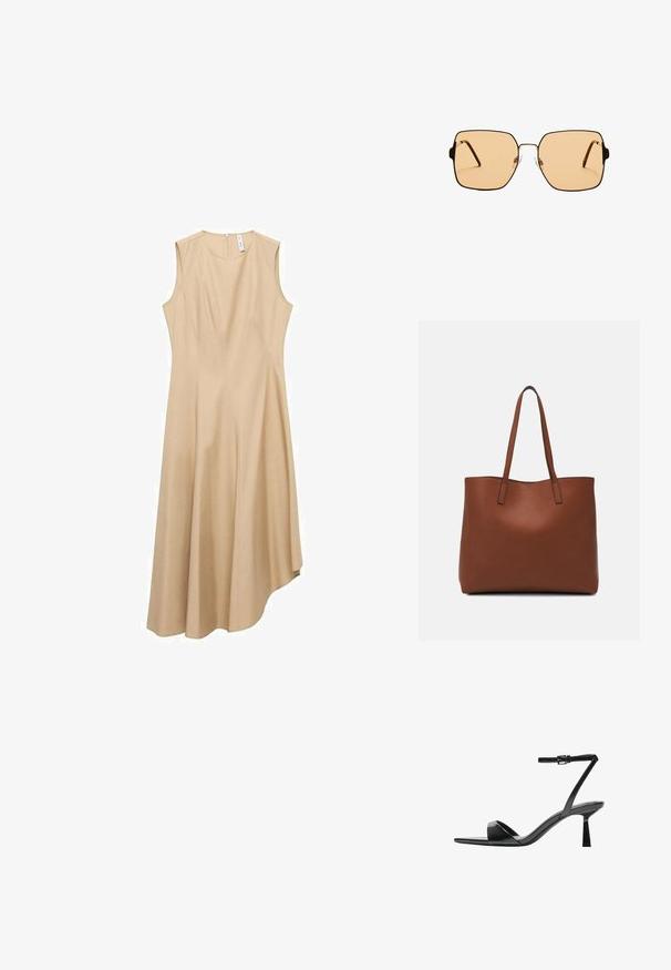 Beige ærmeløs kjole med en struktureret design, som har en rund udskæring, asymmetrisk kant og en glat tekstur.; Bershka Højhælede sandaletter / Højhælede sandaler - black; Firkantede solbriller med brune linser og en tynd sort metalramme. Har skrå templer og justerbare næsepuder for komfort.; Brun læder tote taske med en glat overflade, åben topdesign og to skulderremme. Har minimal syning og ingen synlig hardware.