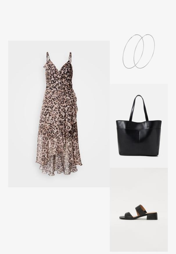 Robe à imprimé léopard avec volants, dotée de bretelles ajustables et d'un ourlet fluide. Fabriquée en tissu léger dans des tons de beige et de brun.; Sandale en cuir noir avec deux larges bandes traversant le pied, un bout carré et un petit talon carré. Texture lisse et design minimal.; Sac fourre-tout en cuir noir avec deux longues poignées, une texture lisse et une forme structurée. Dispose d'une poche avant pour un rangement supplémentaire.; Boucles d'oreilles en argent au design minimaliste. Forme circulaire, texture lisse et profil fin. Légères avec une finition polie.