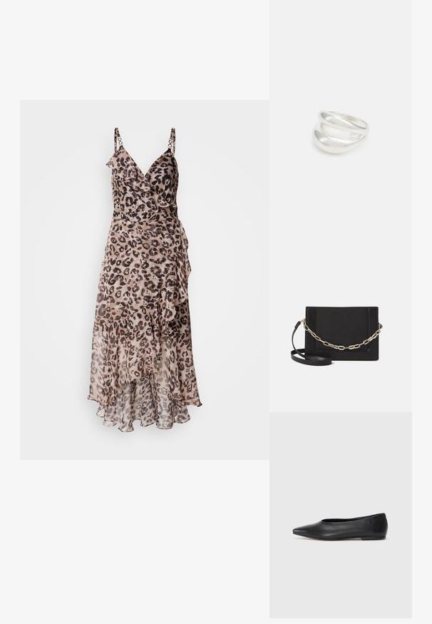 Leopard print dress with ruffles, featuring adjustable straps and a flowing hem. Made of lightweight fabric in beige and brown tones.; Black leather ballet flat, pointed toe, minimalistic design, smooth texture, low-profile heel, no visible hardware or embellishments.; Black leather crossbody bag featuring a smooth texture, rectangular shape, and a metallic chain detail on the front. Adjustable strap included.; Silver double-band ring with a smooth, polished surface. Features a fluid, curved design with overlapping sections for a modern look.
