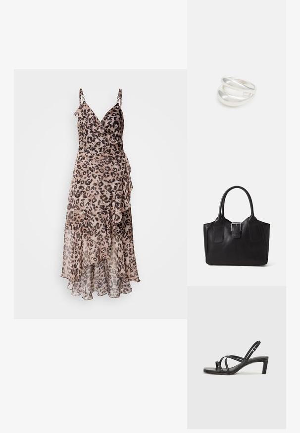 Šaty s leopardím vzorom a volánmi, s nastaviteľnými ramienkami a splývavým lemom. Vyrobené z ľahkého materiálu v béžových a hnedých odtieňoch.; Čierne sandále na vysokom podpätku so štvorcovou špičkou a nízkym blokovým podpätkom. Obsahujú viacero tenkých popruhov a nastaviteľný členkový popruh. Vyrobené z hladkej kože.; Čierna kožená taška s hladkou textúrou, štruktúrovaným tvarom, dvoma uchami a výrazným strieborným prackovým detailom na prednej strane.; Strieborný prsteň s dvojitým pásikom s hladkým, lesklým povrchom. Má plynulý, zakrivený dizajn s prekryvajúcimi sa časťami pre moderný vzhľad.