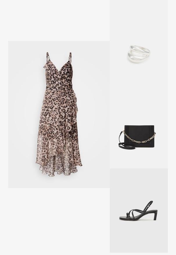 Kratka obleka z leopardjim vzorcem z volančki, ki ima nastavljive naramnice in ohlapen rob. Narejena iz lahkega materiala v bež in rjavih odtenkih.; Črne natikače s trakovi in kvadratnim prstom ter nizkim blokastim peto. Imajo več tankih trakov in nastavljiv trak okoli gležnja. Narejene so iz gladkega usnja.; Črna usnjena torba čez ramo z gladko teksturo, pravokotno obliko in kovinskim verižnim detajlom spredaj. Vključena je nastavljiva naramnica.; Srebrn dvojni prstan z gladko, polirano površino. Ima tekoč, ukrivljen dizajn z prekrivajočimi se sekcijami za sodoben videz.