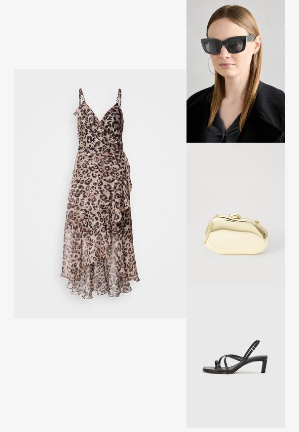 Leopard print dress with ruffles, featuring adjustable straps and a flowing hem. Made of lightweight fabric in beige and brown tones.; Black strappy sandal with a square toe and a low block heel. Features multiple thin straps and an adjustable ankle strap. Made of smooth leather.; Black cat-eye sunglasses with dark lenses, thick frames, and subtle accents. Worn with a black coat and gray top, featuring long straight hair.; Metallic gold clutch with a smooth, rounded shape, featuring a top button clasp and a small chain strap for carrying.