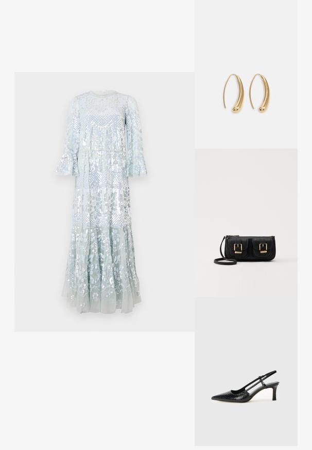 Vestido longo azul claro com intrincados bordados florais e lantejoulas, com mangas com babados e um design de saia em camadas.; Salto slingback em patente preta com bico apontado, apresentando um padrão de pele de cobra texturizado, tira ajustável e um salto bloco curto e texturizado.; Bolsa de ombro em couro preto com dois bolsos frontais, fivelas douradas, fecho de zíper e uma alça fina. Superfície texturizada e forma retangular compacta.; Brincos em metal dourado com forma de arco alongado e curvado. Apresentam uma superfície lisa e brilhante, com uma ponta arredondada para um detalhe adicional.