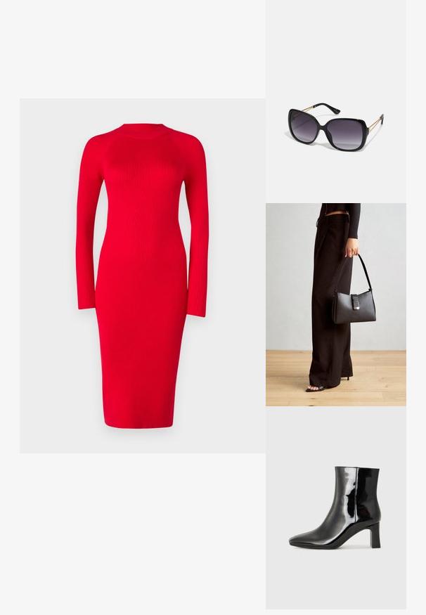Červené žebrované šaty s dlhým rukávom a stojatým golierom, priliehavého strihu a midi dĺžky; obsahujú textúru a jemný elastický efekt.; Čierne lakované členkové topánky s špicatou špičkou a stredne vysokým blokovým podpätkom. Hladká textúra a minimalistický dizajn.; Čierne oversized slnečné okuliare s gradientovými sklíčkami, hrubými rámami a zlatým retiazkovým detailom na stranách.; Čierna kabelka so štruktúrovaným tvarom, hladkou textúrou a kovovou sponou. V kombinácii so širokými čiernymi nohavicami a sandálmi s otvorenou špičkou na drevenej podlahe.