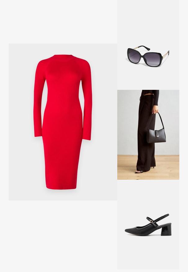 Rotes, geripptes, langärmliges Kleid mit Stehkragen, figurbetonter Silhouette und Midi-Länge; zeichnet sich durch Struktur und leichten Stretch aus.; Schwarze Lackleder-Slingback-Absätze mit spitzer Zehenform, einem runden Ausschnitt-Design und einem Blockabsatz. Mit einem goldfarbenen Schnallenakzent.; Schwarze übergroße Sonnenbrille mit getönten Gläsern, dicken Rahmen und goldfarbener Kettendetaillierung an den Bügeln.; Schwarze Handtasche mit strukturierter Form, glatter Textur und einem metallischen Verschluss. Kombiniert mit weiten schwarzen Hosen und offenen Sandalen auf einem Holzboden.