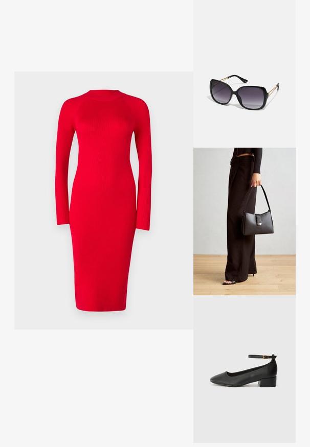 Rochie roșie cu dungi, cu mânecă lungă, gât înalt, siluetă ajustată și lungime midi; prezintă textură și o ușoară elasticitate.; Pantof cu toc negru din piele, cu vârf ascuțit și toc mic pătrat. Dispune de o curea la gleznă cu o cataramă în tonuri de aur. Textură netedă.; Ochelari de soare negri, supradimensionați, cu lentile degradate, rame groase și detalii cu lanț de ton auriu pe brațele templului.; Genți negre cu o formă structurată, textură netedă și un închizător metalic. Asortată cu pantaloni negri largi și sandale cu vârf deschis pe un podea din lemn.