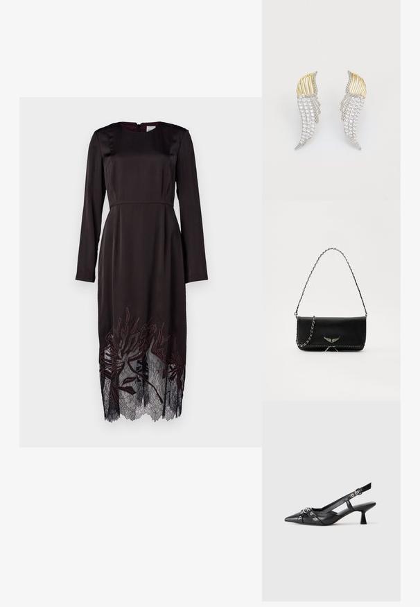 Robe en satin noir avec des manches longues, un col rond, un ourlet en dentelle florale brodée et une fermeture éclair au dos. Texture lisse, silhouette ajustée, longueur au genou.; Chaussure slingback en cuir noir avec un bout pointu, des sangles décoratives avec œillets en métal et un petit talon carré. Surface texturée.; Sac à main en cuir noir avec une bandoulière en chaîne argentée, présentant des accents décoratifs en forme d'ailes et des coutures blanches le long de la couture inférieure.; Deux boucles d'oreilles en forme d'aile, en métal argenté avec des strass ronds taillés clairs et des accents en métal doré dans un design superposé.