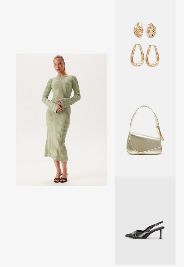 Vestito a maniche lunghe a coste di colore verde chiaro, con un design aderente e maniche svasate, che arriva a metà polpaccio, abbinato a sandali con punta aperta.; Scarpa slingback in vernice nera con punta affusolata, cinturini alla caviglia con fibbie in argento e accessori, e tacco sottile.; Borsa a mano metallica dorata con un design strutturato, superficie liscia e tracolla regolabile. Presenta una forma triangolare unica e cuciture minimaliste.; Orecchini in tono oro caratterizzati da forme ondulate eTexture. Comprendono chiusure clip-on scultoree e un design a cerchio aperto con finitura martellata.