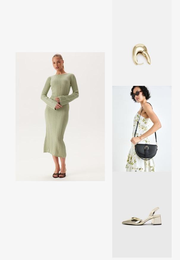 Ribbet langærmet kjole i lys grøn, med en tætsiddende design og flagrende ærmer, der når til midten af læggene, parret med sandalsko med åbne tæer.; Guld, metalliske slingback-hæle med spids tå og kraftig hæl. Glat tekstur, minimalistisk design og en smal strop.; Sort læderhåndtaske med en buet form, aftagelig rem og guldfinish. Tasken har en klap med en spænde detalje.; Guldtonet metal ørering med et slankt, buet design. Har en karakteristisk spids form, poleret overflade og hængselåbning.