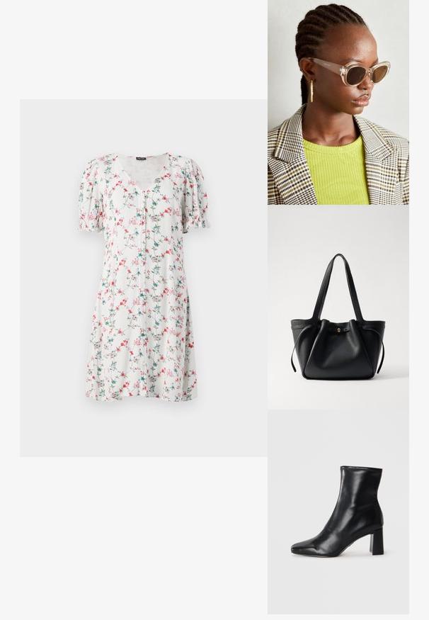 Cvjetna haljina s kratkim rukavima od laganog materijala, s v-izrezom, detaljima gumba i uzorkom ružičastih i plavih cvjetova na bijeloj pozadini.; Crne kožne gležnjače s uskim prstom i čvrstim blok petom. Glatka tekstura s elegantnim, minimalističkim dizajnom.; Prozirne mačkaste sunčane naočale s smešnim lećama i transparentnim okvirom. Manekenka nosi zeleni rebrasti top i karirani blejzer. Zlate kružne naušnice.; Crna kožna torba za nošenje s dva dugačka remena, skupljenim vrhom i zlatnim okruglim detaljem. Glatka tekstura s minimalističkim dizajnom.