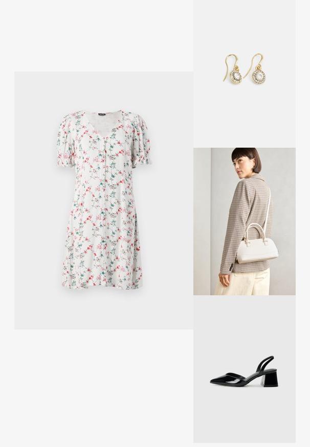 Kukkakuvioinen lyhytnenäkköinen mekko kevytmateriaalista, jossa on V-pääntie, napitusyksityiskohta ja vaalealla taustalla pinkkejä ja sinisiä kukkia.; Mustat patentoitu nahkakengät, joissa on säären takaosa ja terävä kärki, sekä geometrinen palikkakorko. Sisältää tyylikkään, minimalistisen muotoilun ja sileän pinnan.; Valkoinen rakenteellinen käsilaukku, jossa on lyhyet kahvat ja olkahihna, varustettu kultaisilla metalliosilla ja tekstuurilla, esillä harmaata taustaa vasten.; Kultaiset korvakorut, joissa on soikeat, läpinäkyvät kivet, joita ympäröivät pienemmät läpinäkyvät kivet. Korvakoruissa on koukkuminen, joka takaa turvallisen käytön.